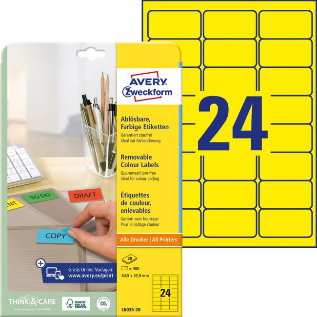Etikety Avery odnímatelné 63,5x33,9 mm, žluté
