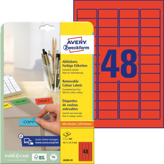 Etikety Avery odnímatelné 45,7x21,2 mm červené