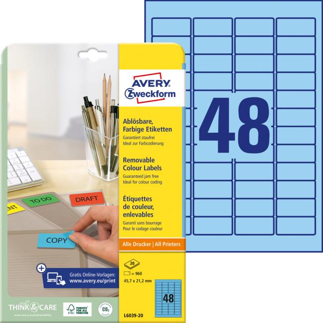 Etikety Avery odnímatelné 45,7x21,2 mm, modré
