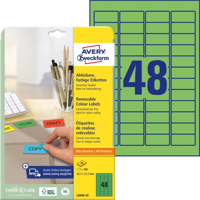 Etikety Avery odnímatelné 45,7x21,2 mm, zelené