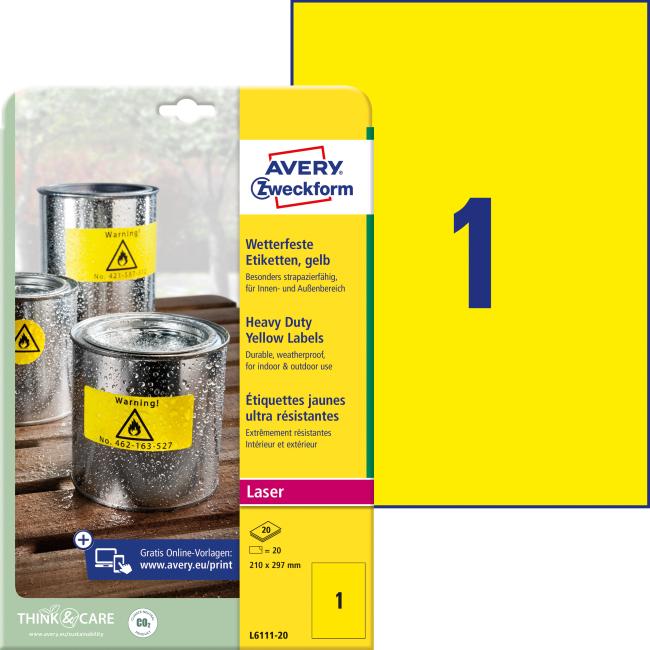 Etikety polyesterové velmi odolné 210x297mm Avery A4 žluté 20 archů