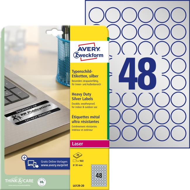 Velmi odolné polyesterové etikety kulatý průměr 30mm Avery A4 stříbrné 20 listů