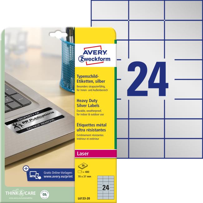 [AV613320] Etikety polyesterové velmi odolné 70x37mm Avery A4 stříbrné 20 archů