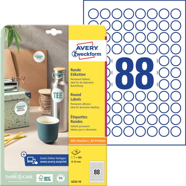 [AV622210] Etikety univerzální kruhové 20mm Avery A4 10 archů