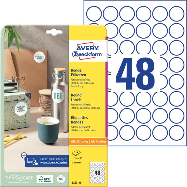 Etikety univerzální kruhové 30mm Avery A4 10 archů