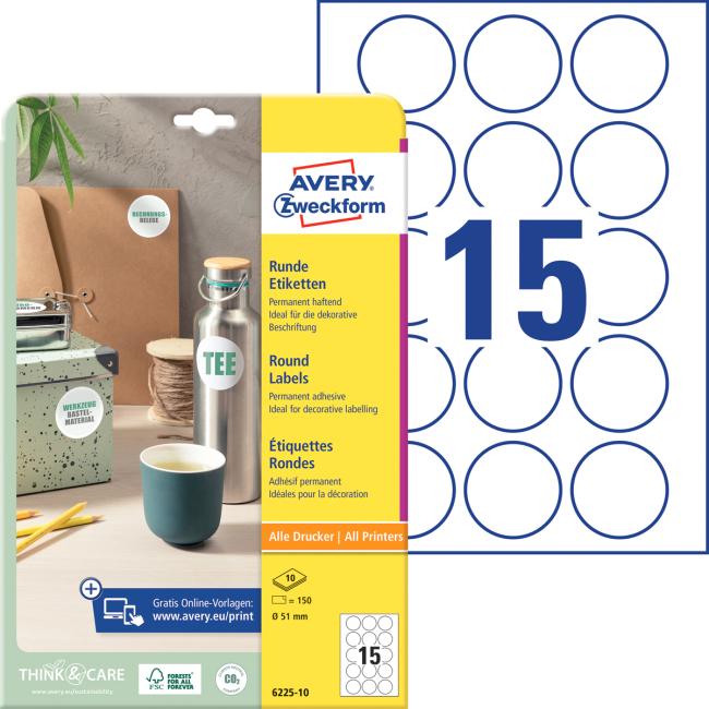 [AV622510] Etikety univerzální kruhové 51mm Avery A4 10 archů