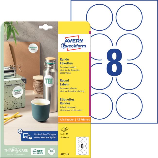 Etikety univerzální kruhové 65mm Avery A4 10 archů