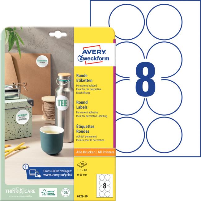 Etikety univerzální kruhové 69mm Avery A4 10 archů