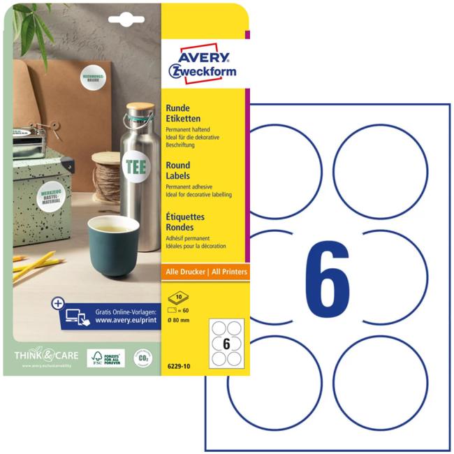 Etikety univerzální kruhové 80mm Avery A4 10 archů