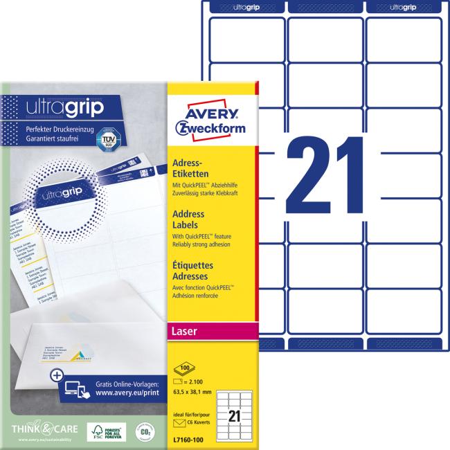 [AV716010] Adresní etikety 63,5x38,1mm Avery A4 100 archů, laser