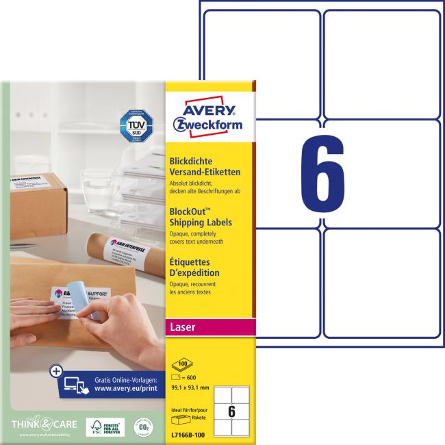 Etikety na zásilky 99,1x93,1mm Avery A4 100 archů, laser