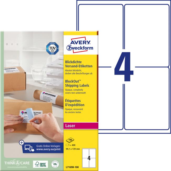 Etikety na zásilky 99,1x139mm Avery A4 100 archů, laser