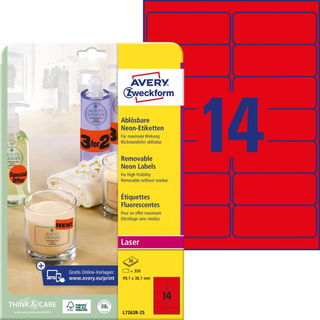 Etikety Avery odnímatelné 99,1x38,1 mm neonové červené