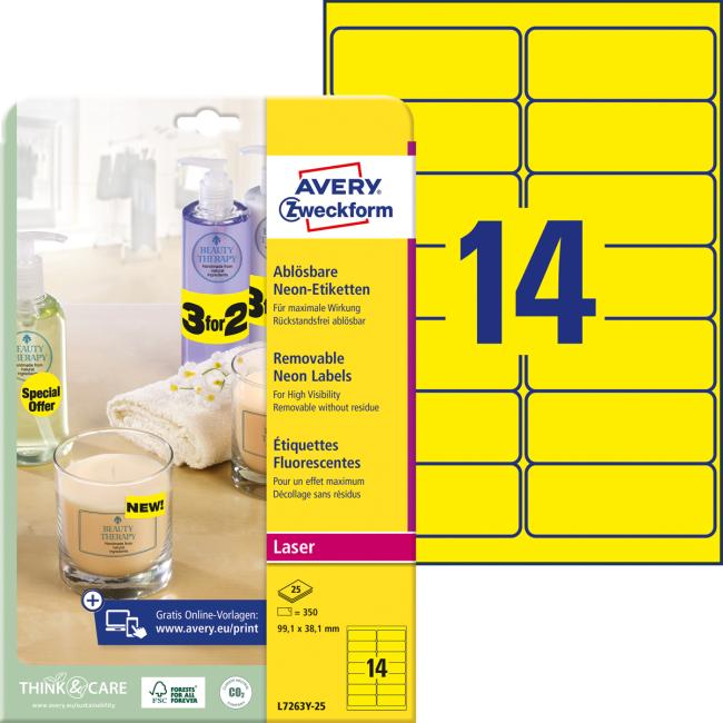 Etikety Avery odnímatelné 99,1x38,1 mm neonové žluté