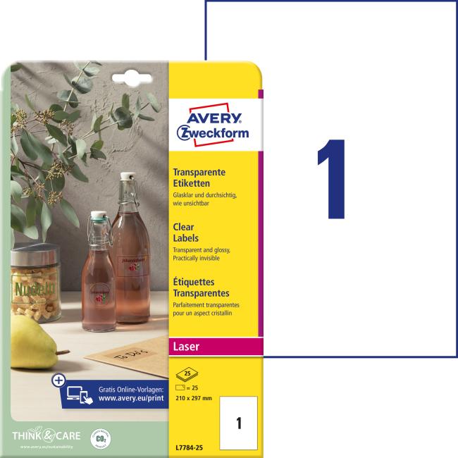 Etikety polyesterové velmi odolné 210x297mm Avery A4 25 archů průhledné