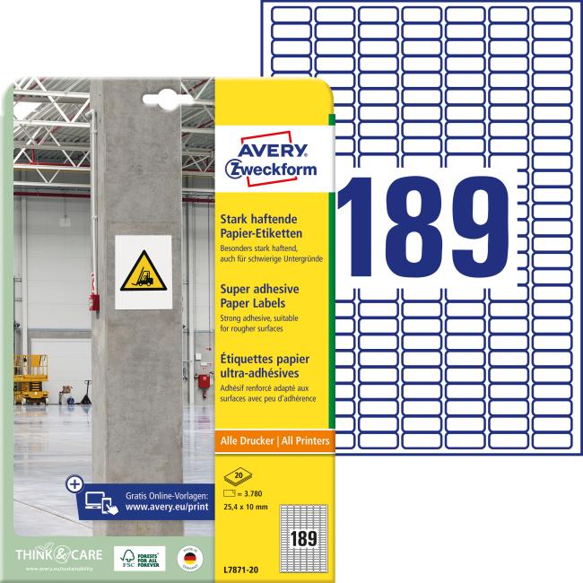 [AV787120] Etikety univerzální 25,4x10mm Avery A4, silně lepivé 20 archů