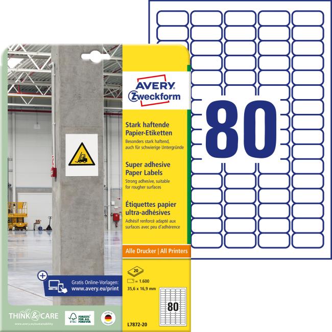 [AV787220] Etikety univerzální 35,6x16,9mm Avery A4, silně lepivé 20 archů