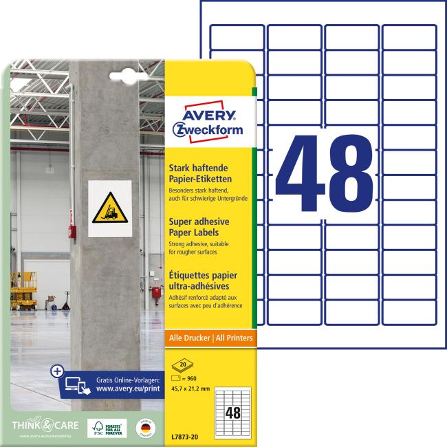 [AV787320] Etikety univerzální 45,7x21,2mm Avery A4, silně lepivé 20 archů