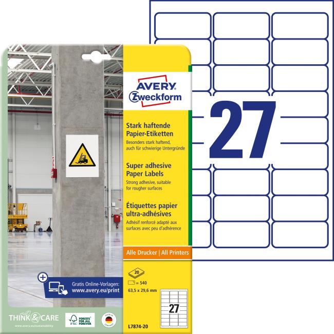 Etikety univerzální 63,5x29,6mm Avery A4, silně lepivé 20 archů