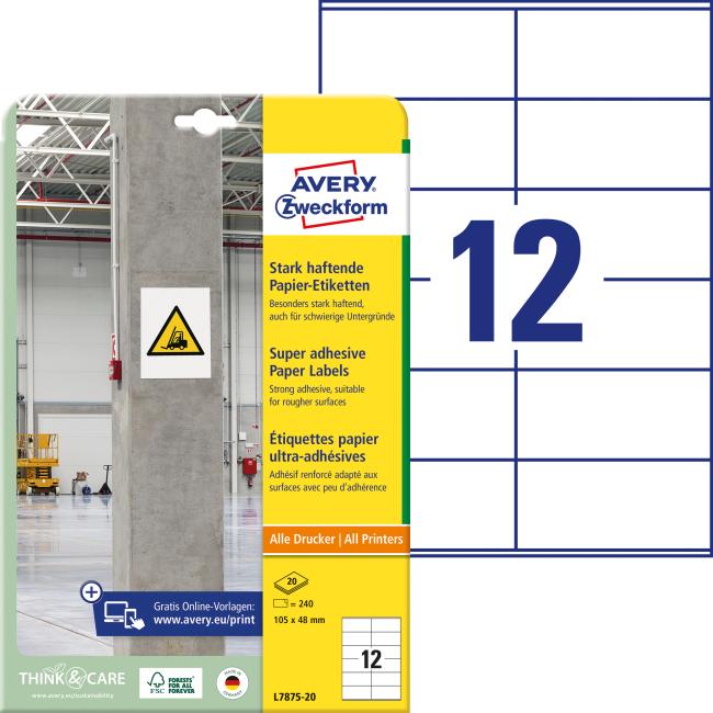 Etikety univerzální 105x48mm Avery A4, silně lepivé 20 archů