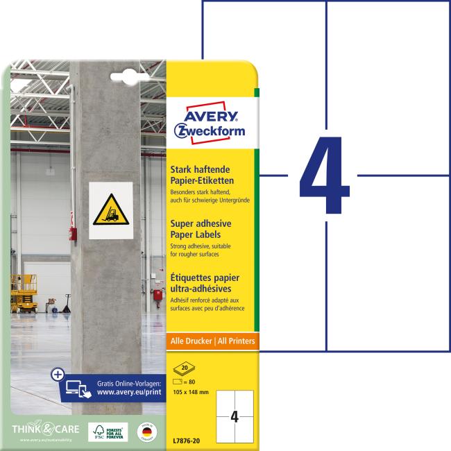 [AV787620] Etikety univerzální 105x148mm Avery A4, silně lepivé 20 archů