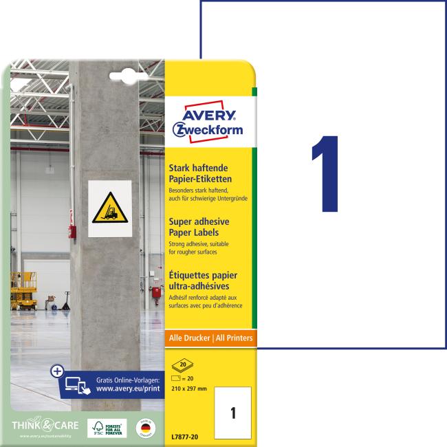 Etikety univerzální 210x297mm Avery A4, silně lepivé 20 archů