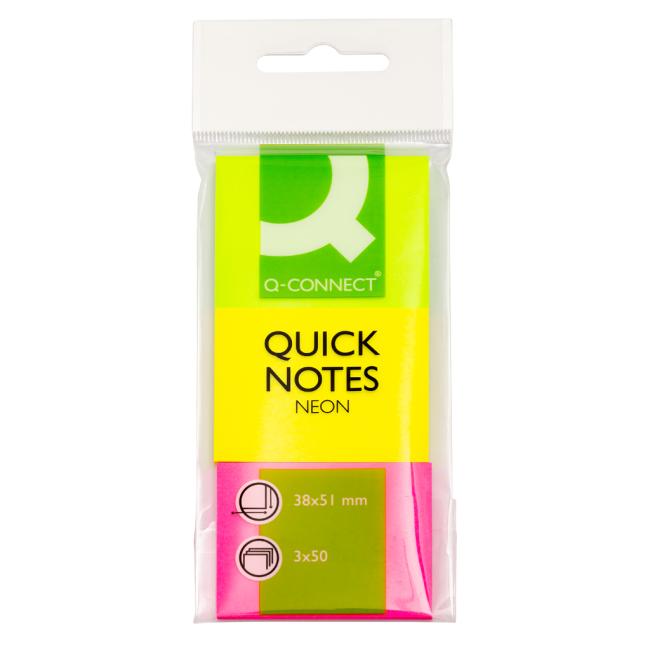 Samolepící bloček Q-CONNECT 51x38 mm, zelená, růžová, žlutá, 3 bločky po 50 lístků