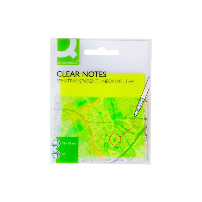 [QC010369] Samolepící bloček Q-CONNECT průhledný, žlutý, 76 x 76 mm, 50 lístků