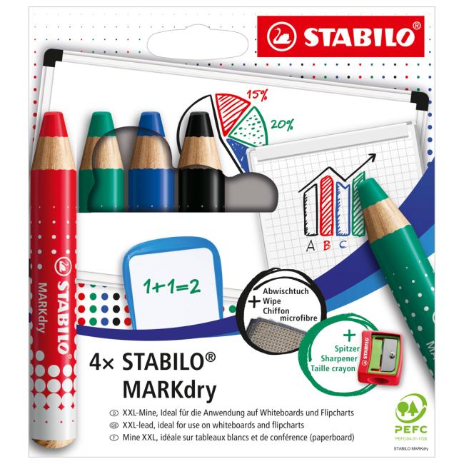 Sada STABILO MARKdry na tabuli a flipchart 4f se struhadlem a utěrkou