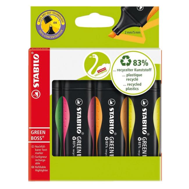 Sada zvýrazňovačů STABILO GREEN BOSS 4 ks zelená, růžová, oranžová, žlutá