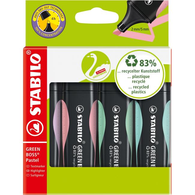 Sada zvýrazňovačů STABILO GREEN BOSS Pastel balení 4 kusů pastelová zelená, růžová, tyrkysová a fialová barva