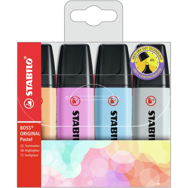 [ST700440] Sada zvýrazňovačů STABILO BOSS ORIGINAL Pastel 4S Pastelová oranžová, svěží modrá, fuchsiová, šedá