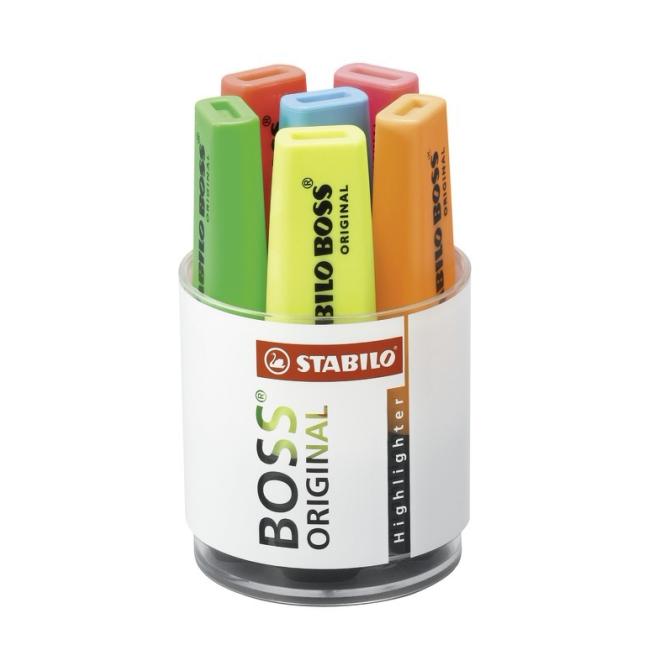 Sada zvýrazňovačů STABILO BOSS ORIGINAL 6 ks skelná dóza žlutá, zelená, oranžová, červená, růžová, modrá
