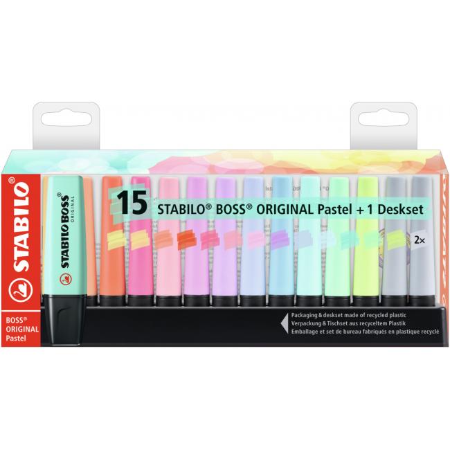 [ST701502] Sada zvýrazňovačů STABILO BOSS ORIGINAL Pastel 15 ks Stolní set se 14 různými barvami