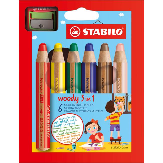Barvičky STABILO woody 3 in 1 6 ks Sada v kartonovém obalu se struhadlem