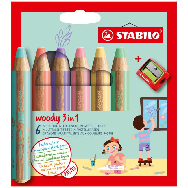 Barvičky STABILO woody 3 in 1 Pastel 6 ks Sada v kartonovém obalu se struhadlem