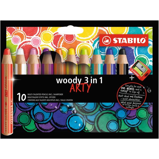 Barvičky STABILO woody 3 in1 10ks se struhadlem 'ARTY'