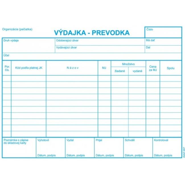 Výdejka - převodka, A5, bez DPH, samopřepis s kart. obálkou a podložkou