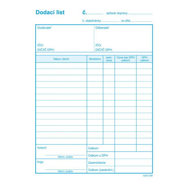 [TL009000] Dodací list s DPH, samopřepis, A5, 100 listů