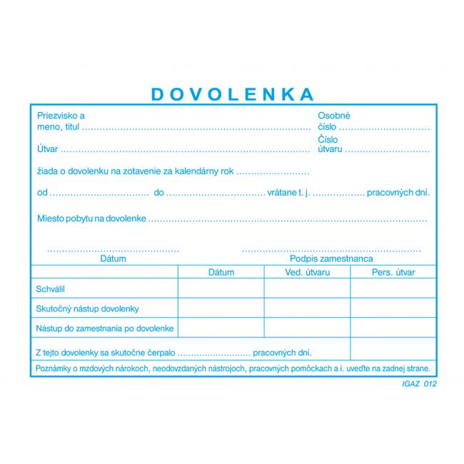 [TL012000] Formulář Dovolená A6, 100 listů