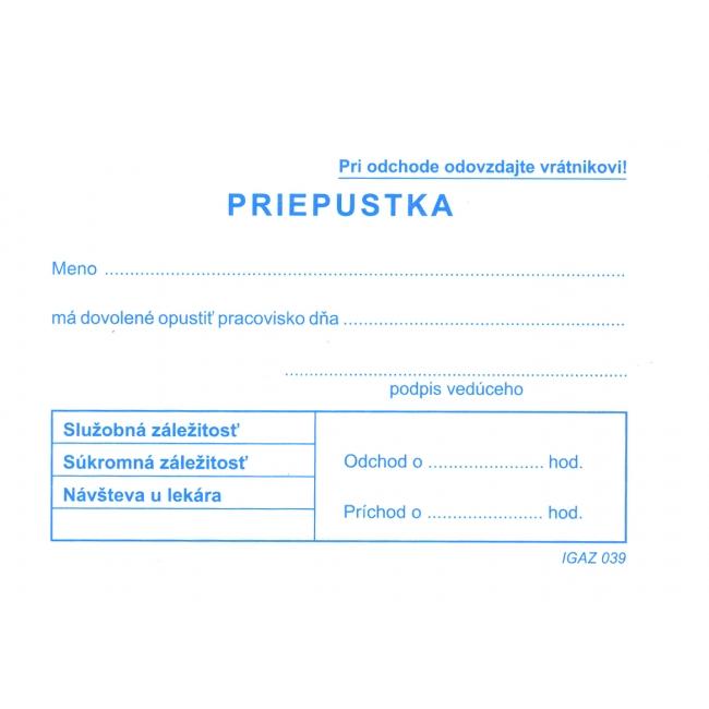 [TL039000] Formulář Propustka A7, 100 listů