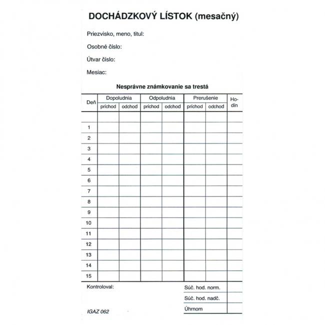 Docházkový lístek měsíční (karton)