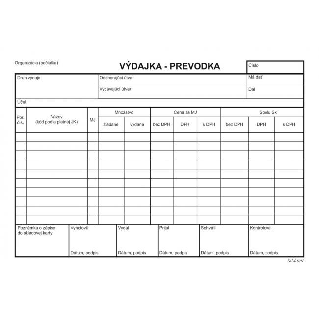Výdejka - převodka, A5, s DPH, samopřepis, s kartonovou obálkou a podložkou, 100 listů