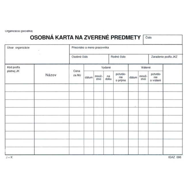 Osobní karta na svěřené předměty