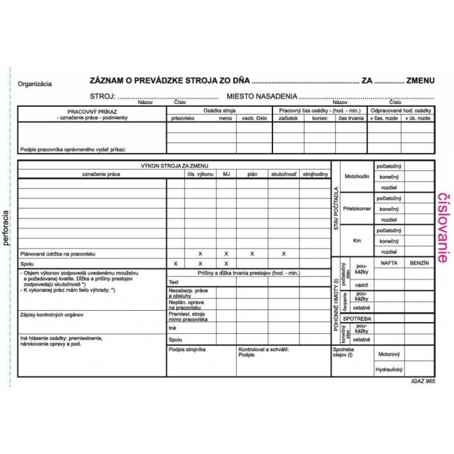 [TL096500] Záznam o provozu stroje A5, 100 listů, samopřepis, číslovaný