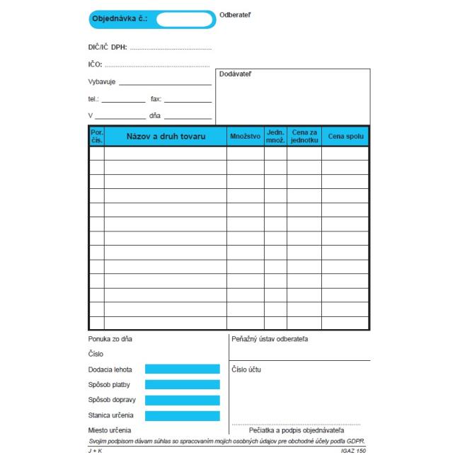 Objednávka, samopřepis s kartonovou obálkou - podložkou, A5, 100 listů