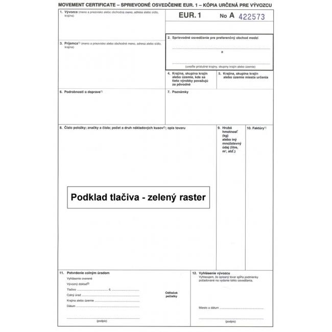 Průvodní osvědčení EUR.1, samopřepis, 3 listy
