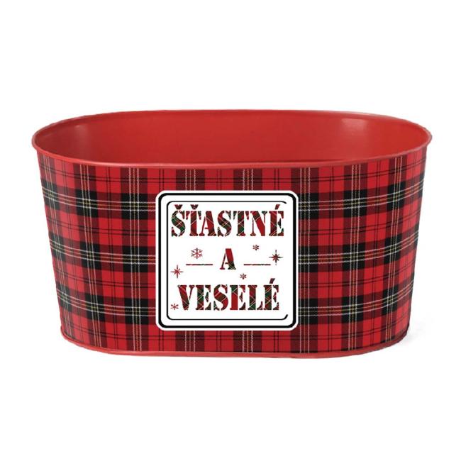 Kovový květináč 225x110 mm oválný, 'Šťastné a veselé', červená, černá, zelená