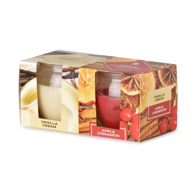 [XM334772] Emocio Glass Vanilla Cream & Apple Cinnamon, vonná svíčka, 2 ks v krabičce, 65x63 mm