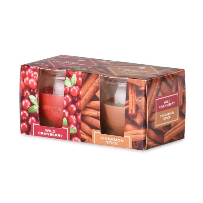 Emocio Glass Wild Cranberry & Cinnamon Stick, vonná svíčka, 2 ks v krabičce, 65x63 mm